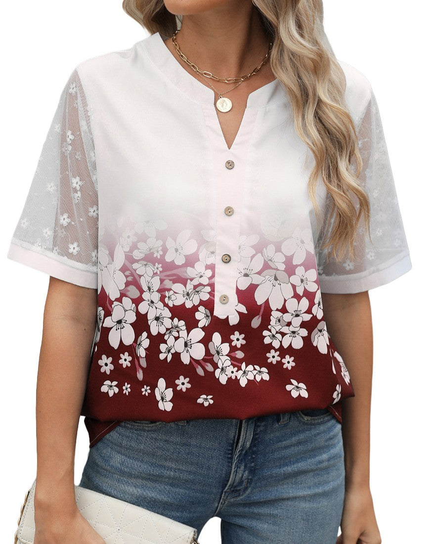 Ombre Floral Lace Sleeve Henley Top - Red