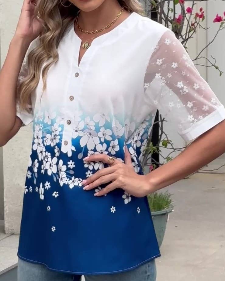 Ombre Floral Lace Sleeve Henley Top