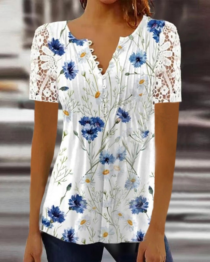 Lace Sleeve Pleated Henley Tunic Top - BlueFlower_Short