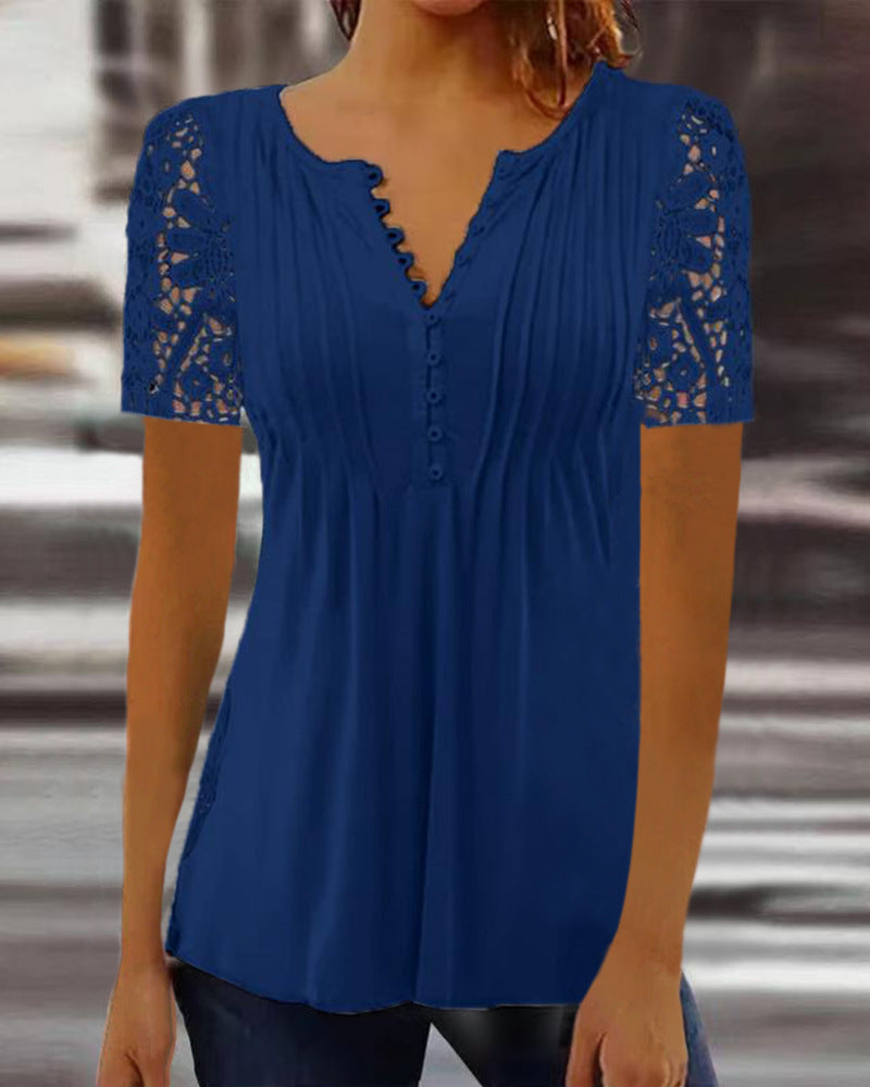 Lace Sleeve Pleated Henley Tunic Top - Blue_Short