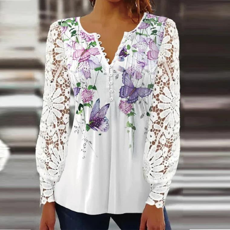 Lace Sleeve Pleated Henley Tunic Top - Butterfly