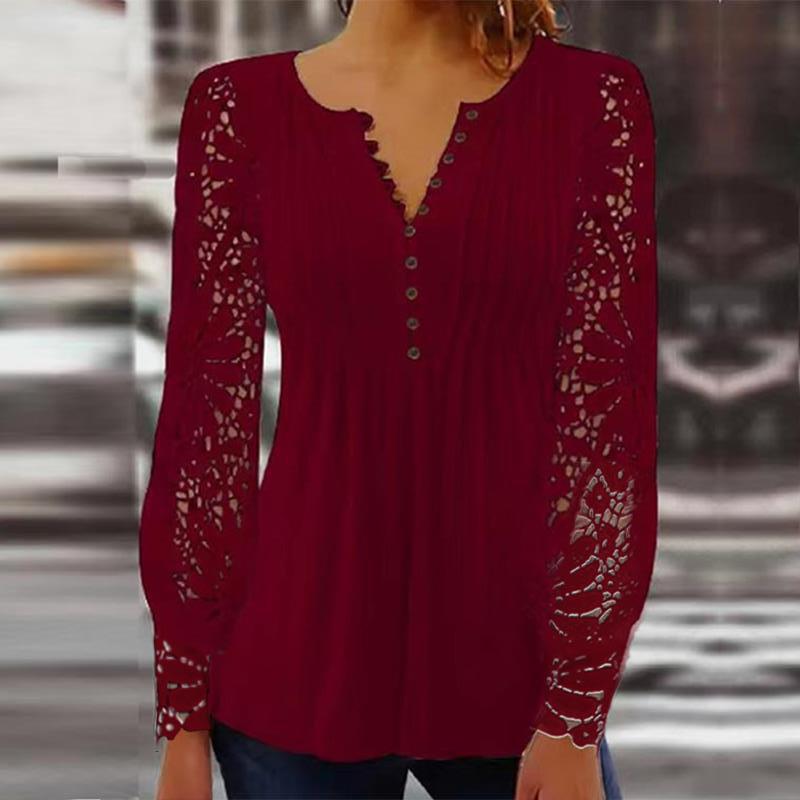 Lace Sleeve Pleated Henley Tunic Top - Red