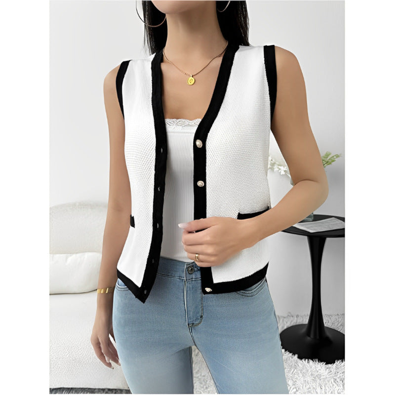 Contrast Trim Knit Button Vest - White