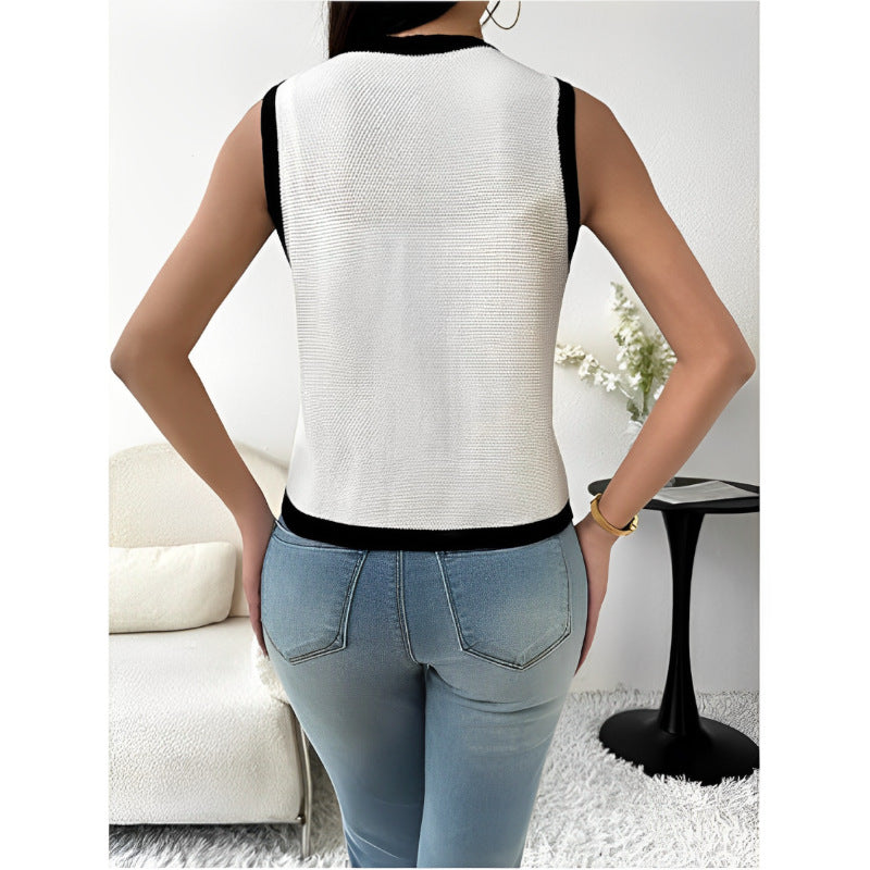 Contrast Trim Knit Button Vest - White - 2