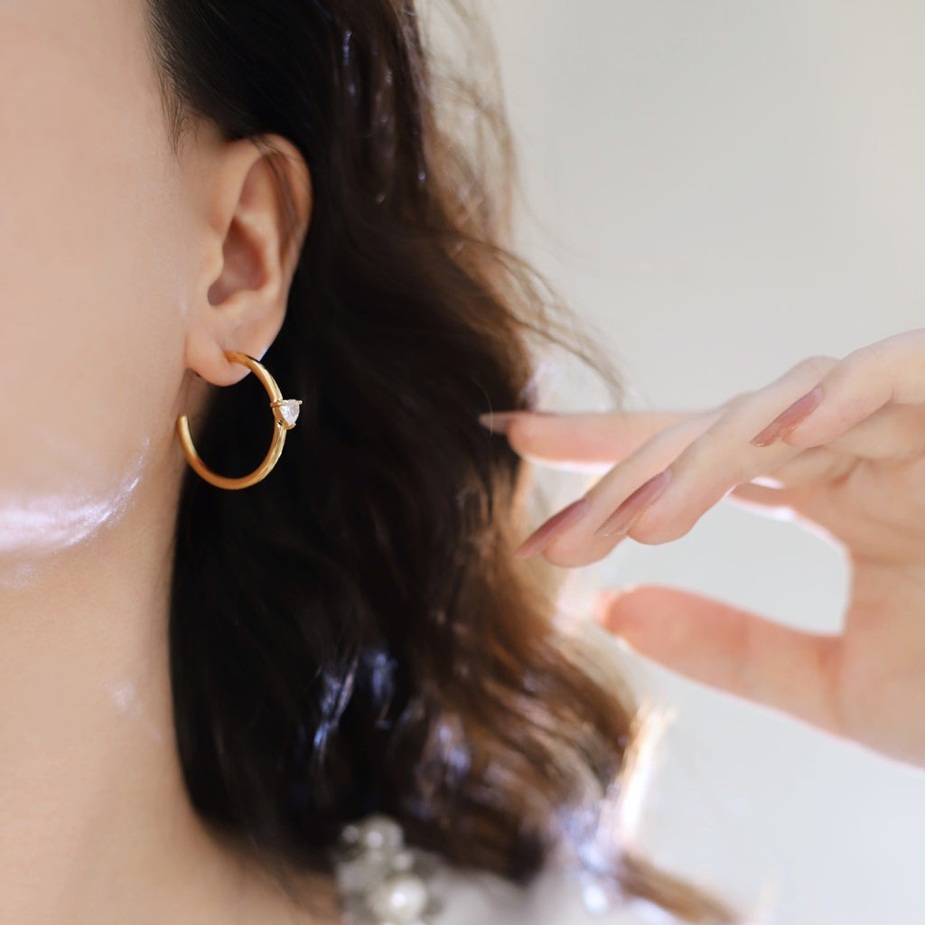 Heart Crystal Double Hoop Earrings - Gold - 5