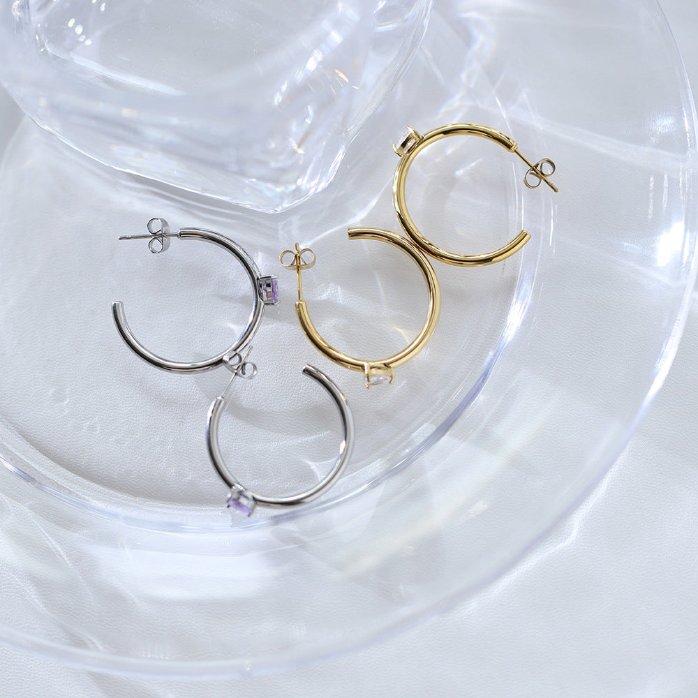 Heart Crystal Double Hoop Earrings - Silvery - 3