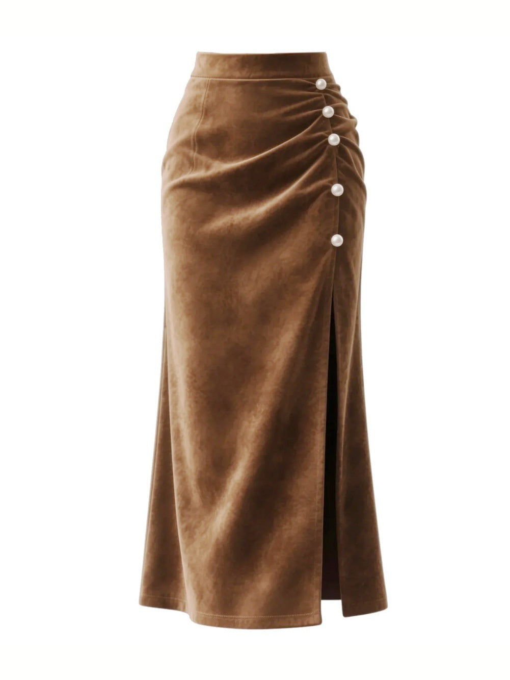 Ruched Button Trim Suede Look Maxi Skirt - Brown