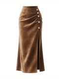 Ruched Button Trim Suede Look Maxi Skirt - Brown