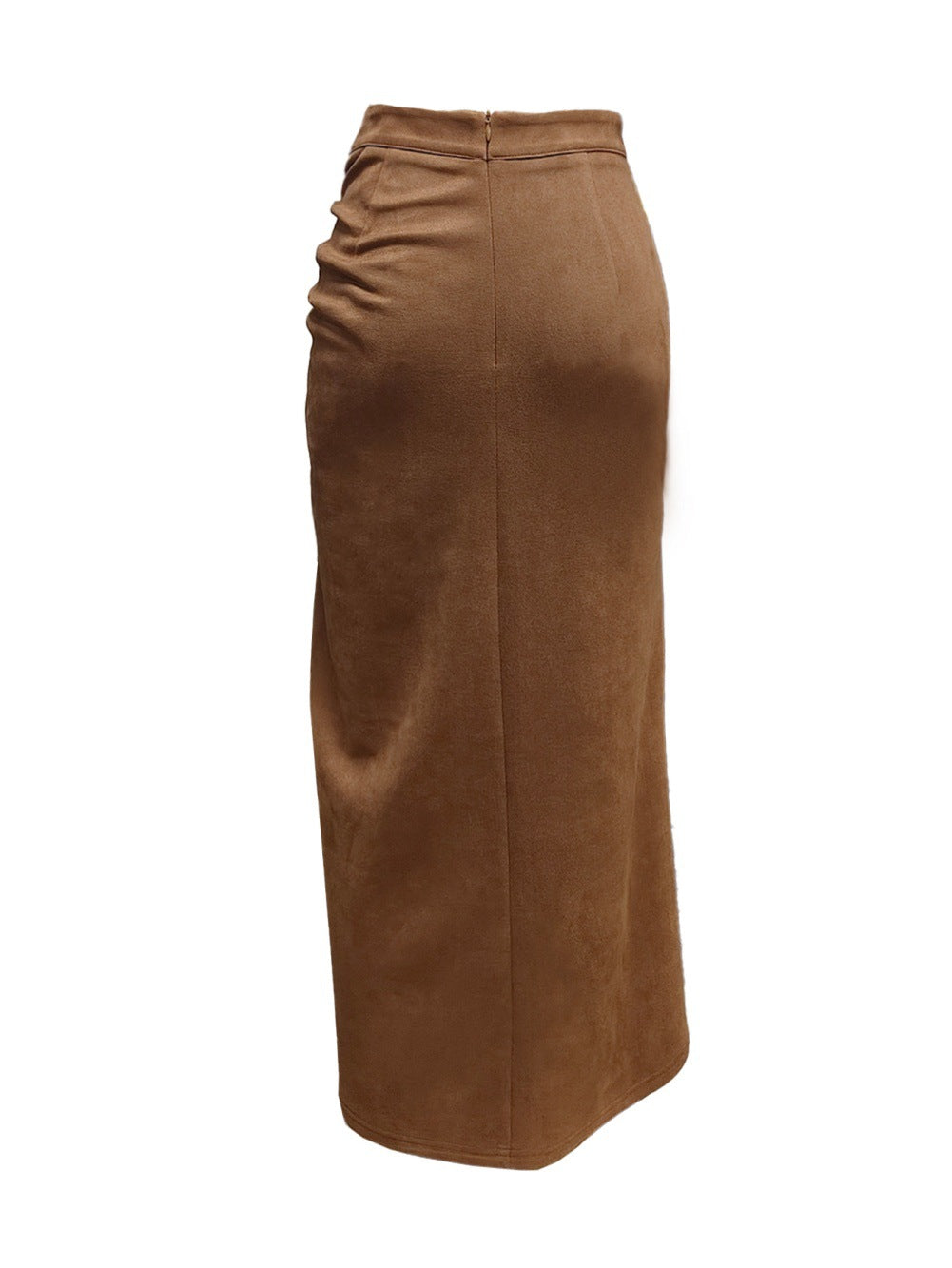 Ruched Button Trim Suede Look Maxi Skirt - Brown - 1