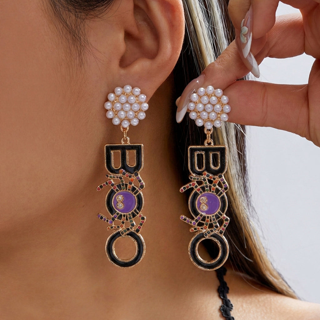 Halloween Charm Dangle Earrings With Pearl Tops - BOO