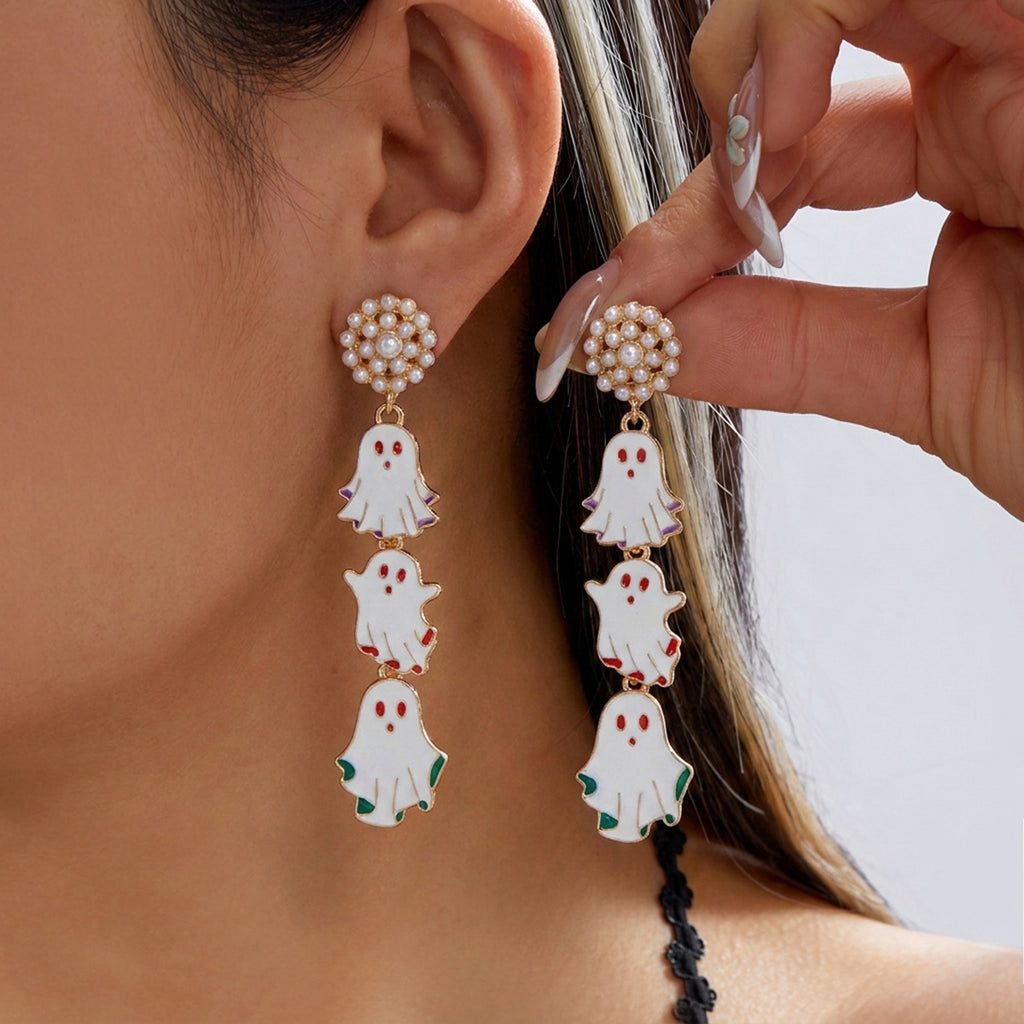Halloween Charm Dangle Earrings With Pearl Tops - Ghost