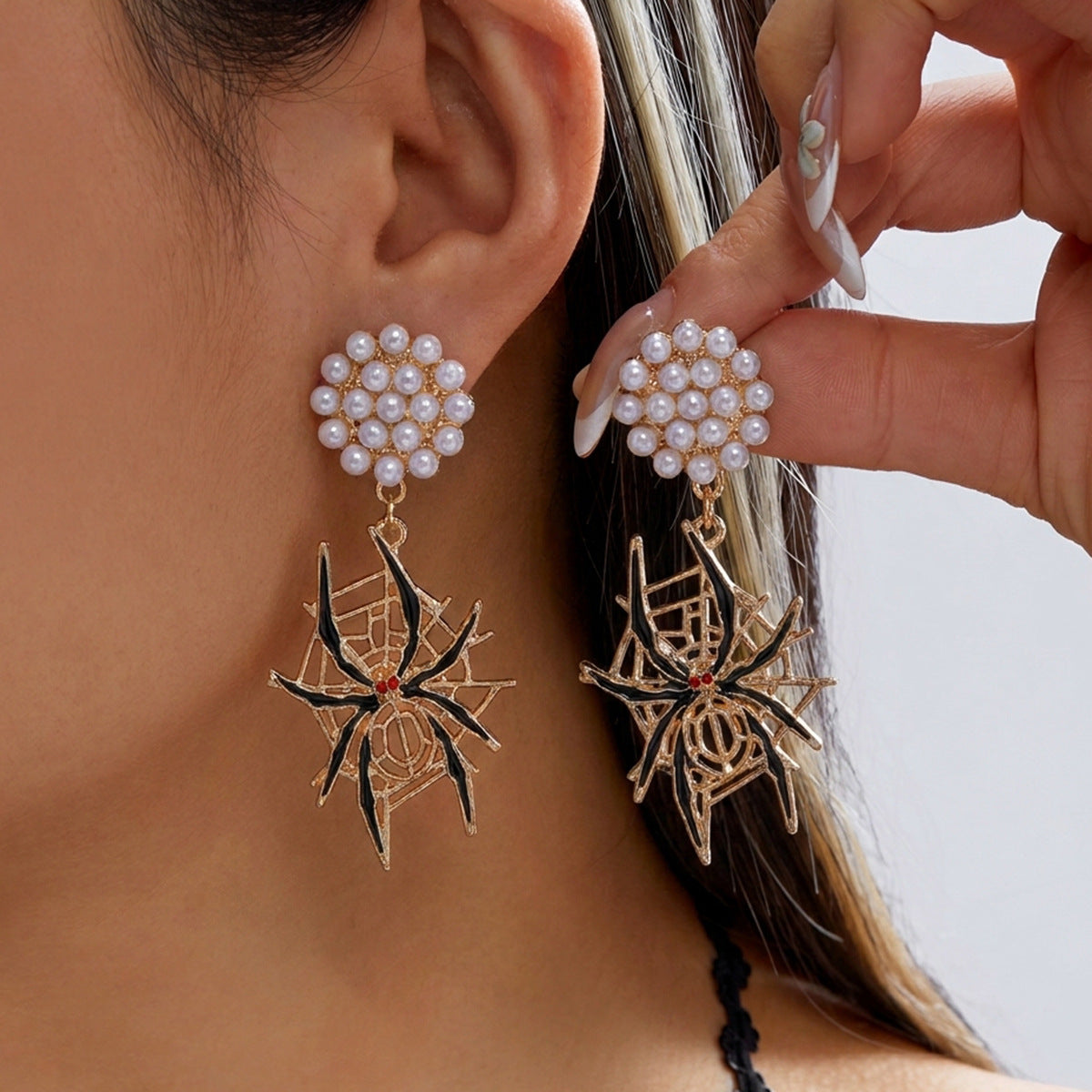 Halloween Charm Dangle Earrings With Pearl Tops - Spider