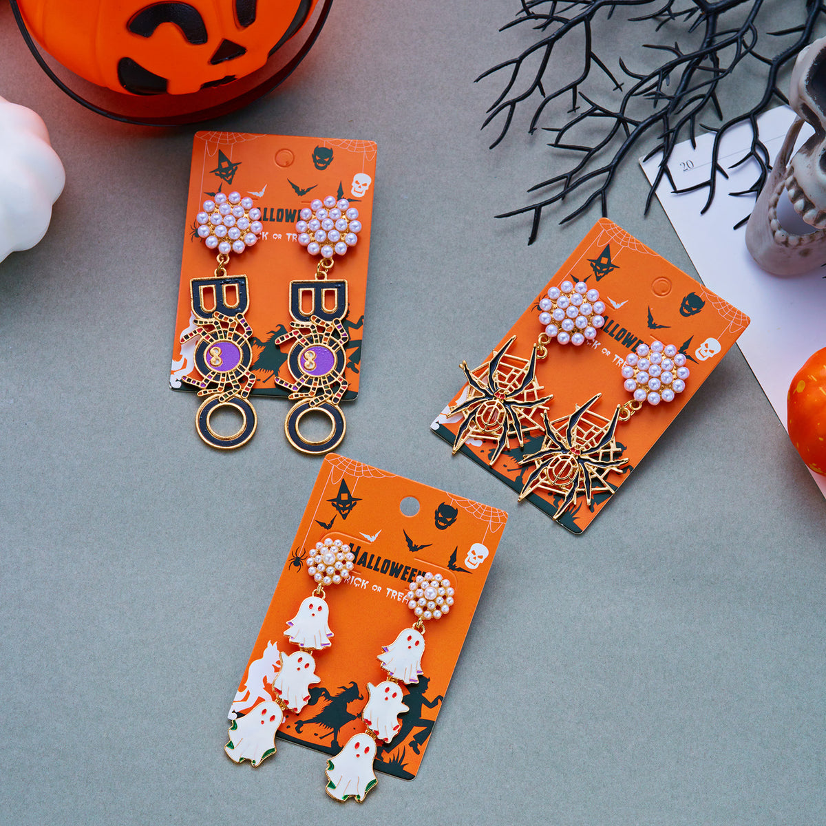 Halloween Charm Dangle Earrings With Pearl Tops - Spider - 1