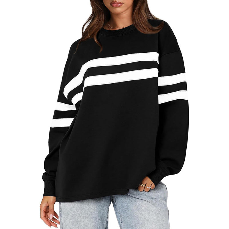 Varsity Stripe Oversized Crewneck Sweatshirt - Black
