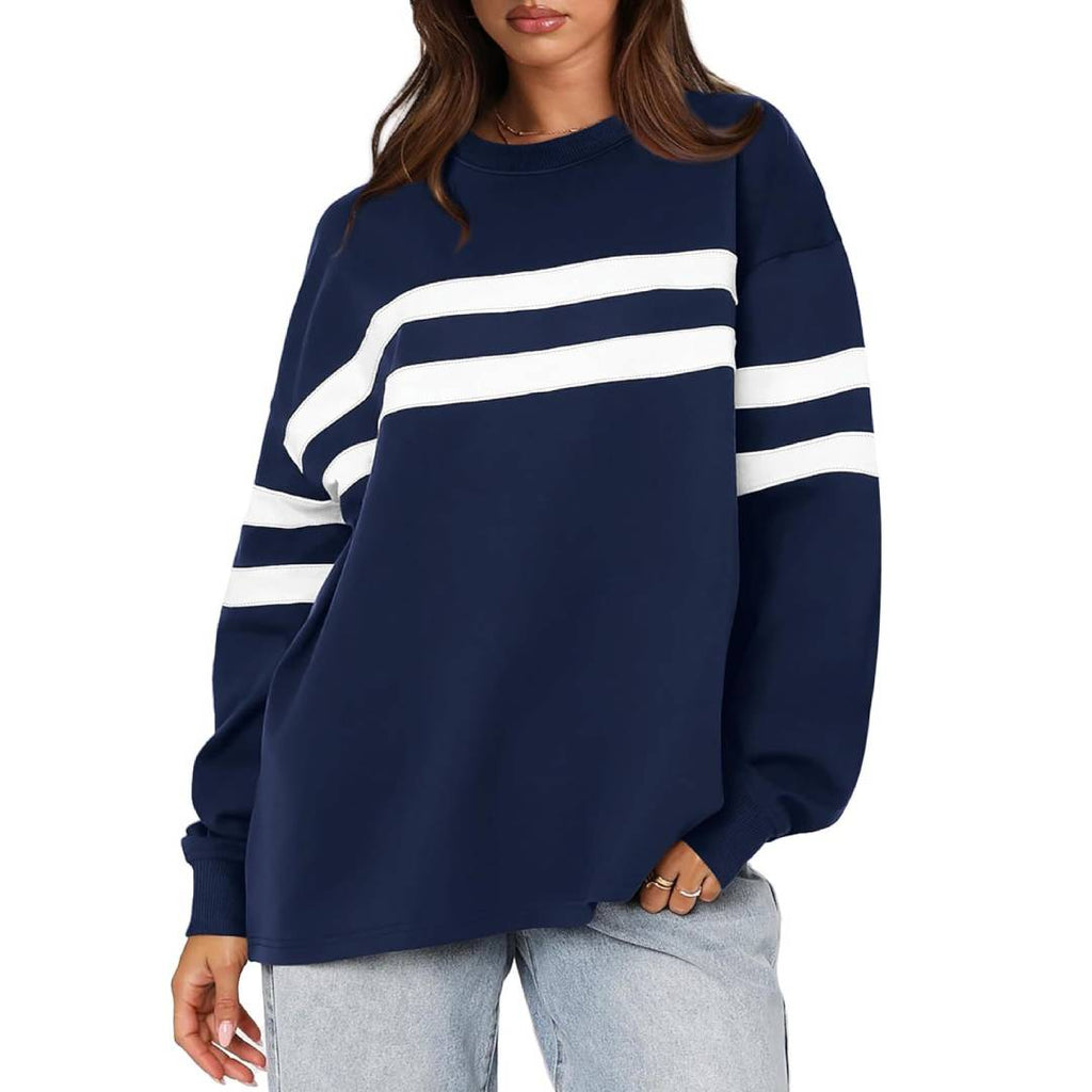 Varsity Stripe Oversized Crewneck Sweatshirt - NavyBlue