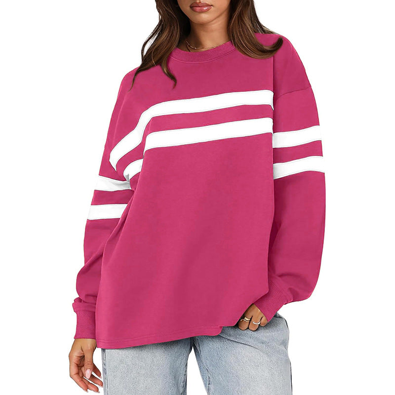 Varsity Stripe Oversized Crewneck Sweatshirt - RoseRed