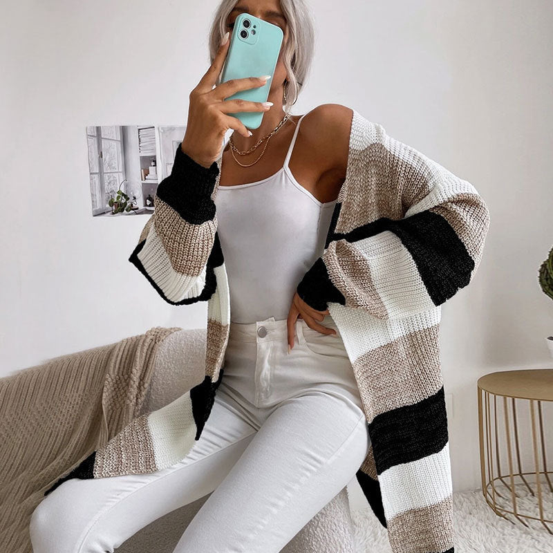 Longline Colorblock Stripe Open Front Cardigan - Black