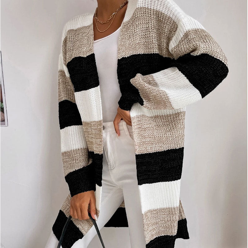 Longline Colorblock Stripe Open Front Cardigan - Black - 1