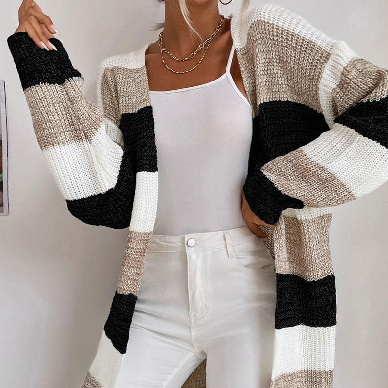 Longline Colorblock Stripe Open Front Cardigan - Black - 2