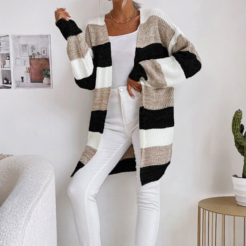 Longline Colorblock Stripe Open Front Cardigan - Black - 3