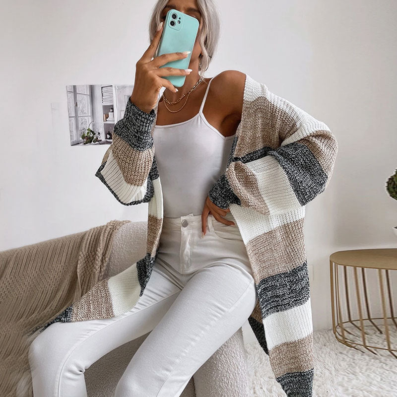 Longline Colorblock Stripe Open Front Cardigan - Grey