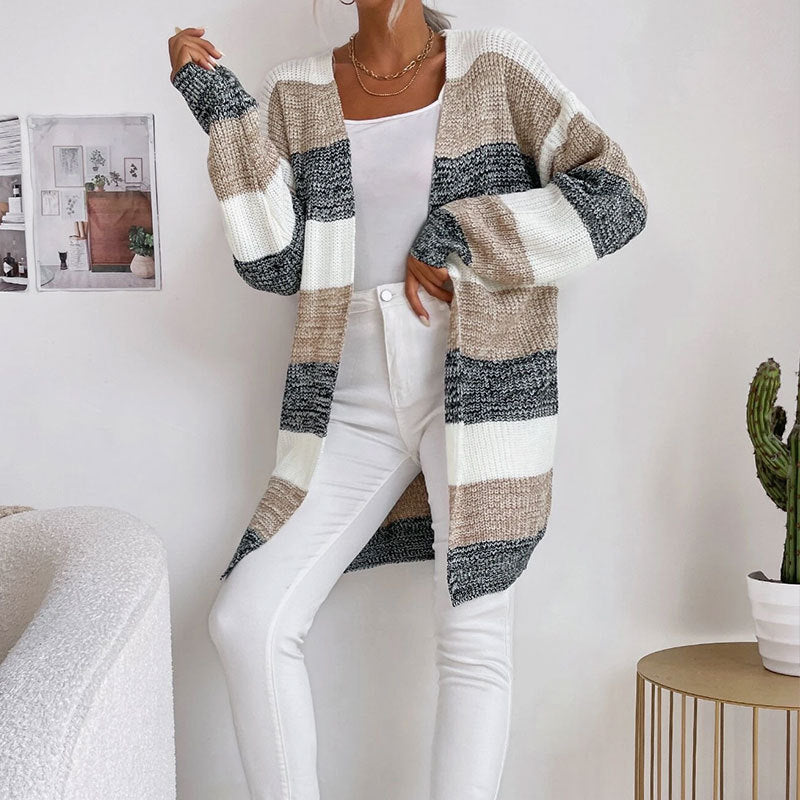 Longline Colorblock Stripe Open Front Cardigan - Grey - 1