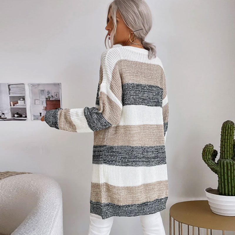 Longline Colorblock Stripe Open Front Cardigan - Grey - 2