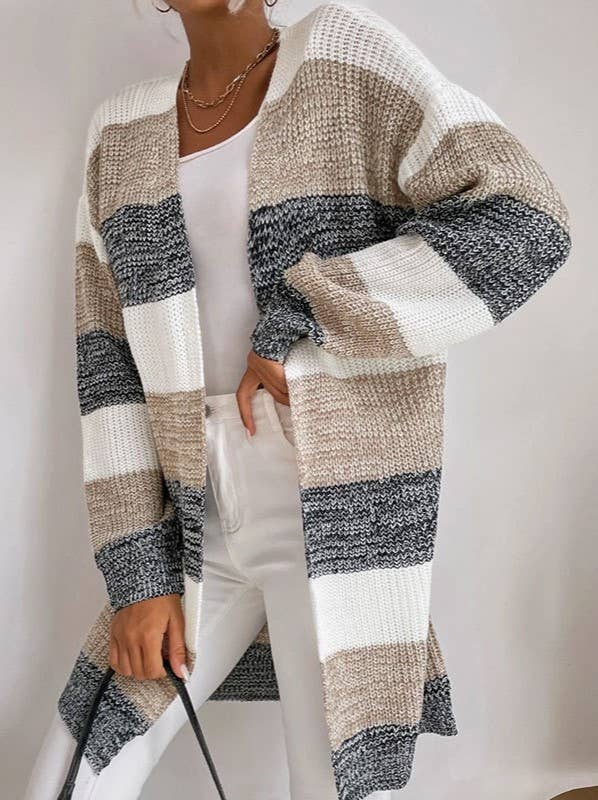 Longline Colorblock Stripe Open Front Cardigan