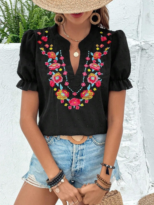 Floral Embroidered Puff Sleeve Blouse - Black
