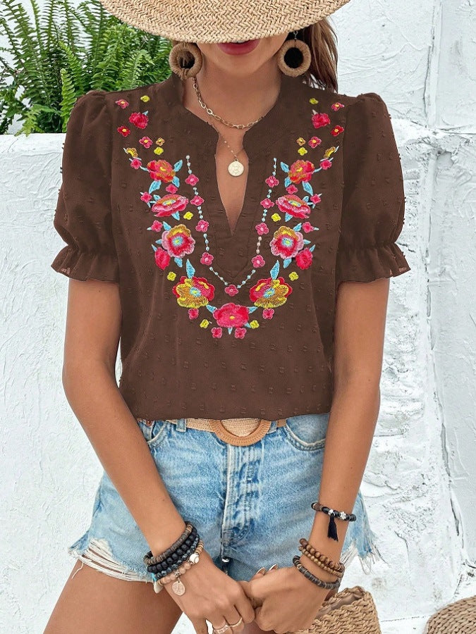 Floral Embroidered Puff Sleeve Blouse - Brown