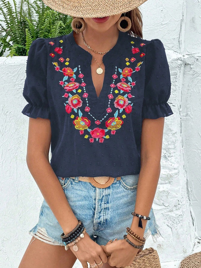 Floral Embroidered Puff Sleeve Blouse - Navy
