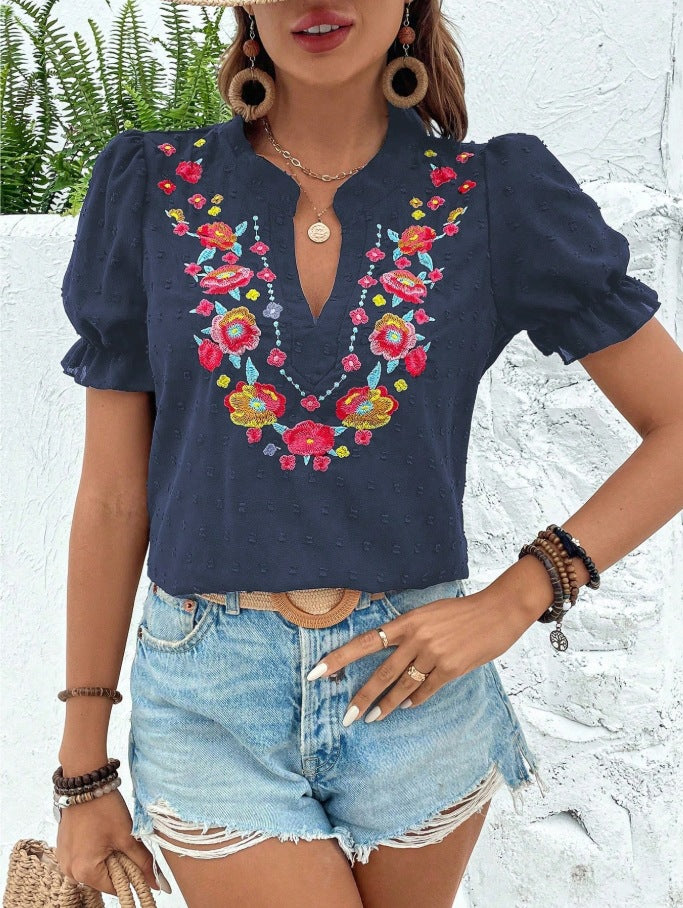 Floral Embroidered Puff Sleeve Blouse - Navy - 1