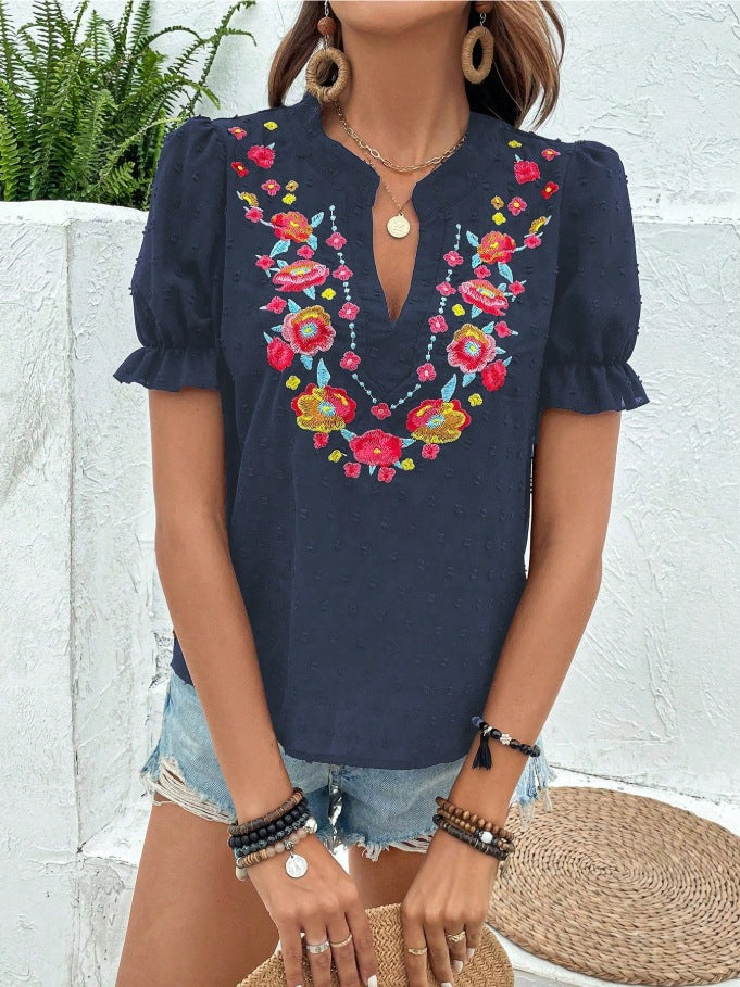 Floral Embroidered Puff Sleeve Blouse - Navy - 4