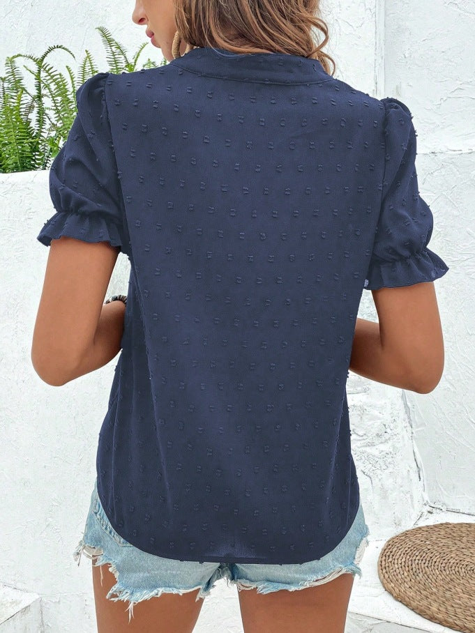 Floral Embroidered Puff Sleeve Blouse - Navy - 5
