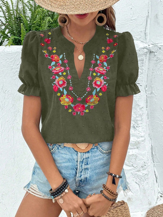 Floral Embroidered Puff Sleeve Blouse - Olive