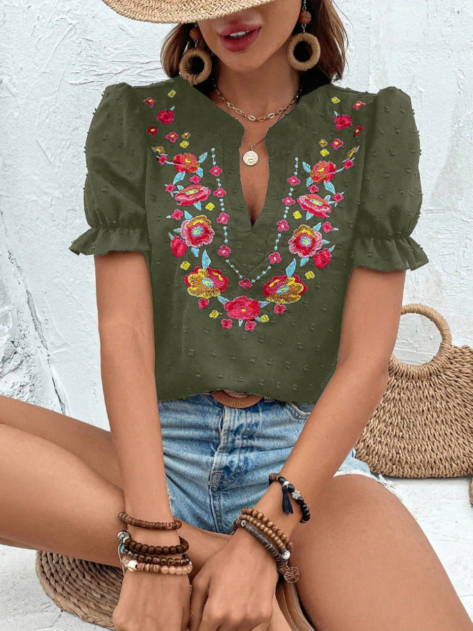 Floral Embroidered Puff Sleeve Blouse - Olive - 1