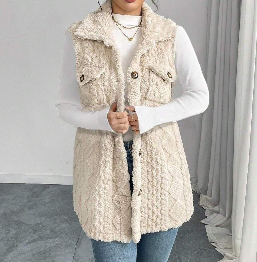 Textured Fleece Longline Button Vest - White