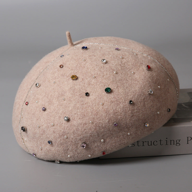 Rhinestone Wool Beret With Stem - Khaki