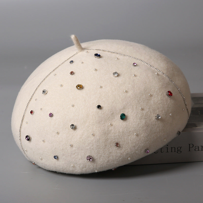Rhinestone Wool Beret With Stem - White