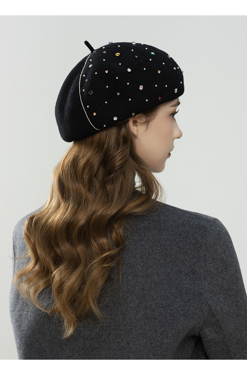 Rhinestone Wool Beret With Stem