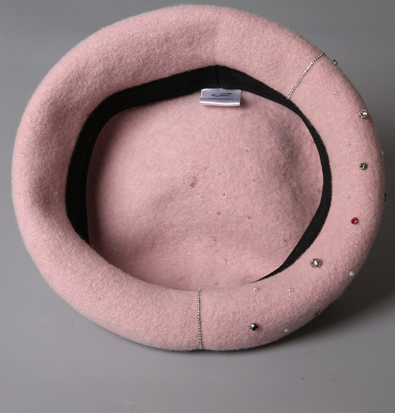 Rhinestone Wool Beret With Stem - view 1