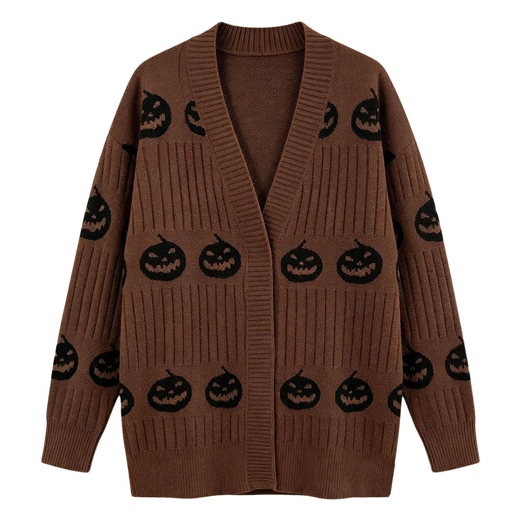 Halloween Pumpkin Face Ribbed Knit Button Cardigan - Coffee