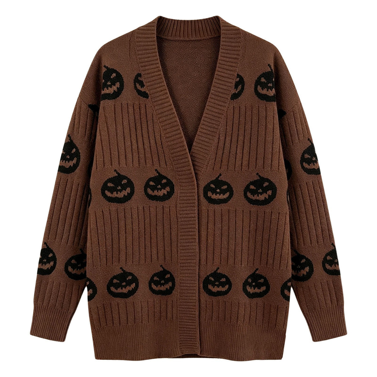 Halloween Pumpkin Face Ribbed Knit Button Cardigan - Coffee