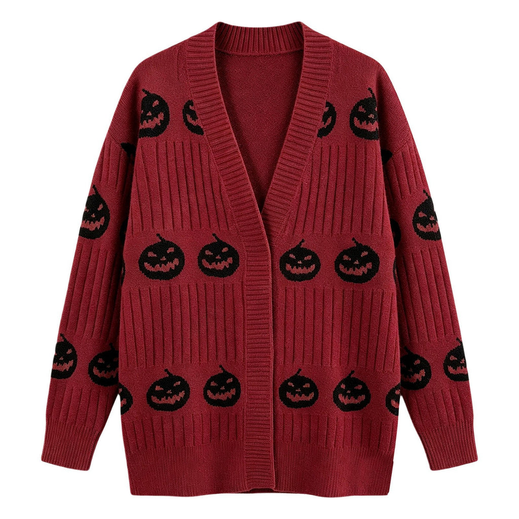 Halloween Pumpkin Face Ribbed Knit Button Cardigan - DarkRed
