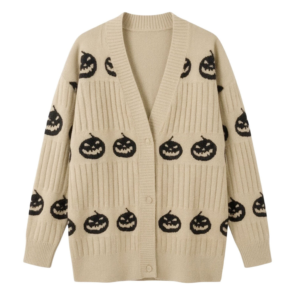 Halloween Pumpkin Face Ribbed Knit Button Cardigan - Khaki