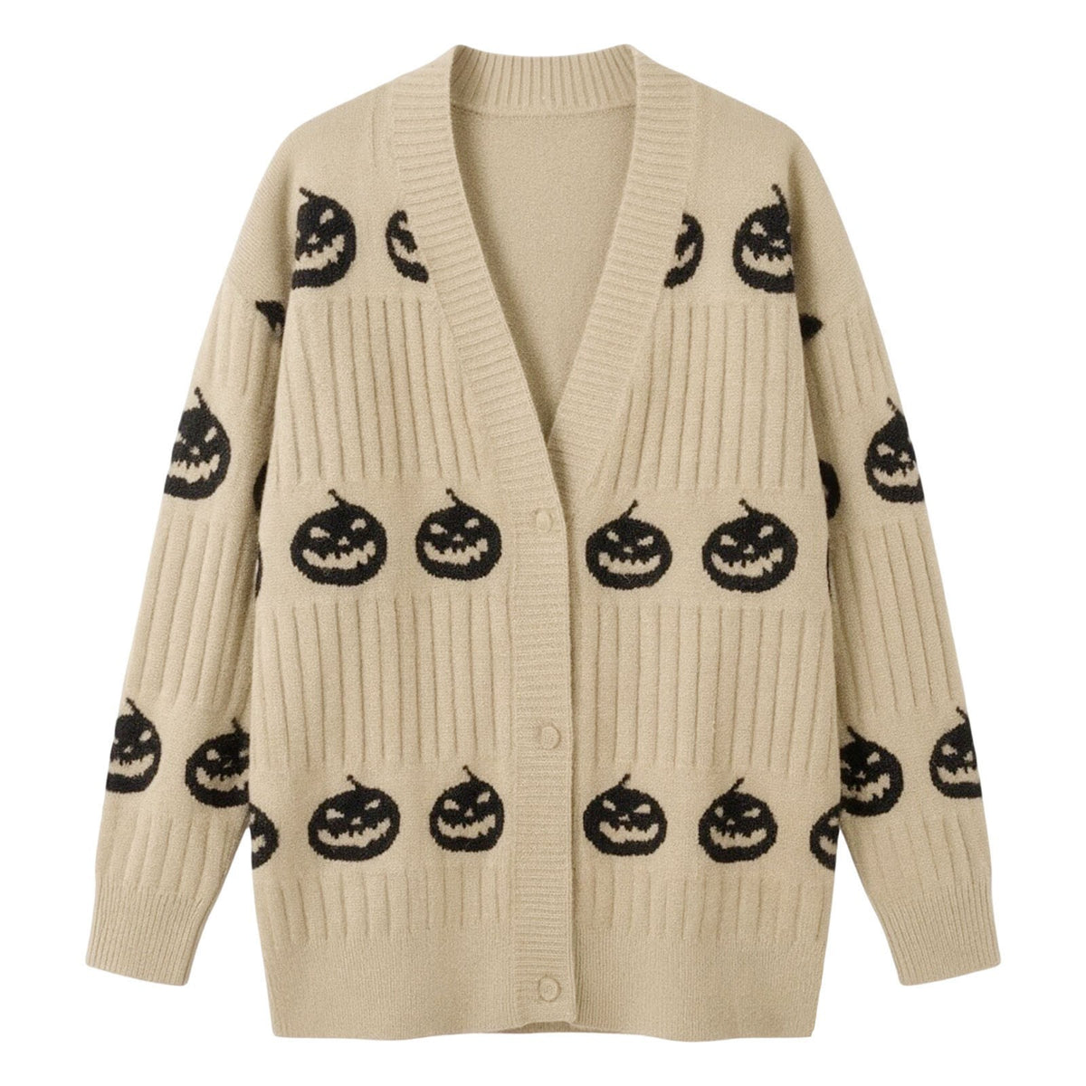 Halloween Pumpkin Face Ribbed Knit Button Cardigan - Khaki