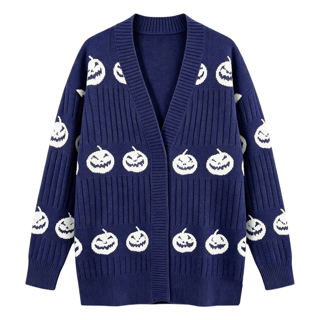 Halloween Pumpkin Face Ribbed Knit Button Cardigan - Navy