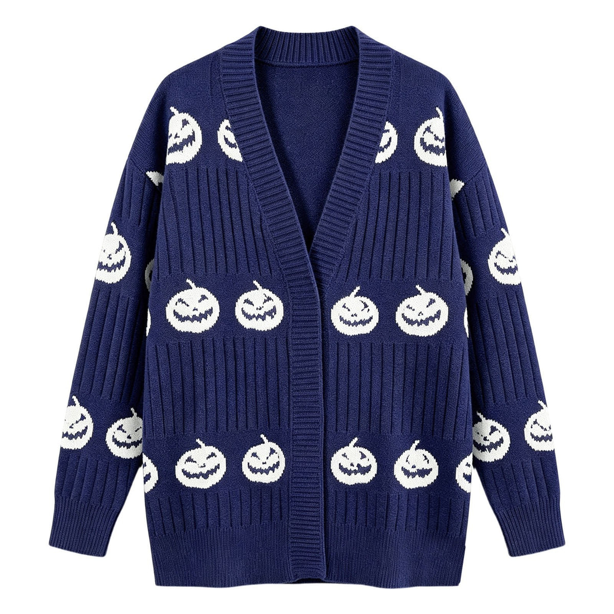 Halloween Pumpkin Face Ribbed Knit Button Cardigan - Navy