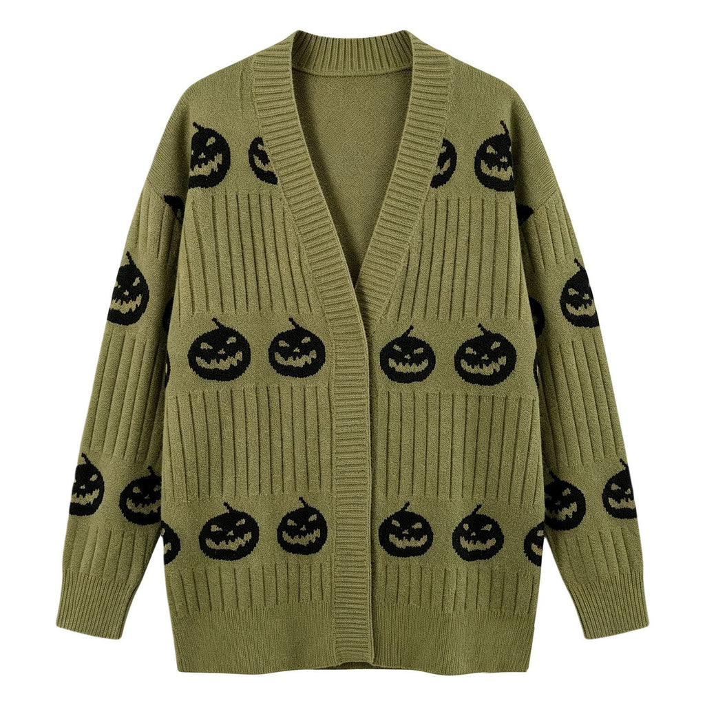 Halloween Pumpkin Face Ribbed Knit Button Cardigan - Olive