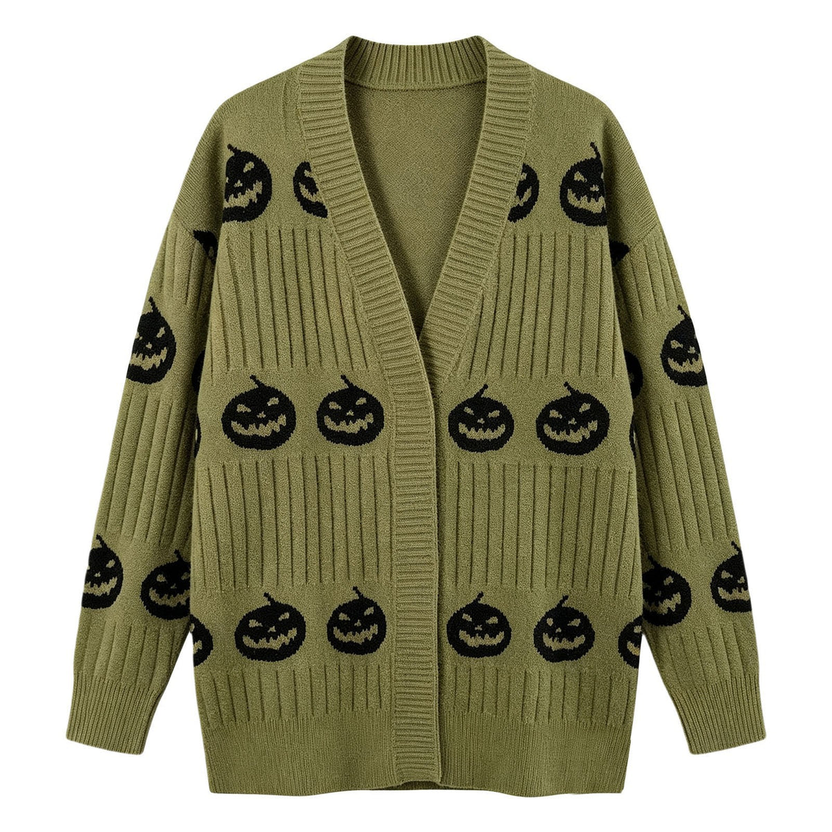 Halloween Pumpkin Face Ribbed Knit Button Cardigan - Olive